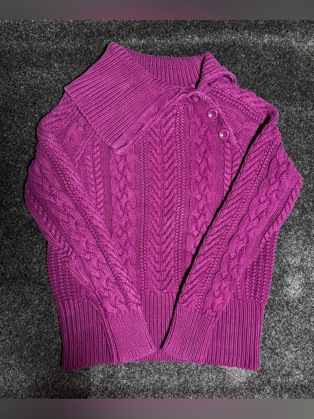 Moda International Women’s L Purple Cable Knit Button Collar Sweater 100% Cotton